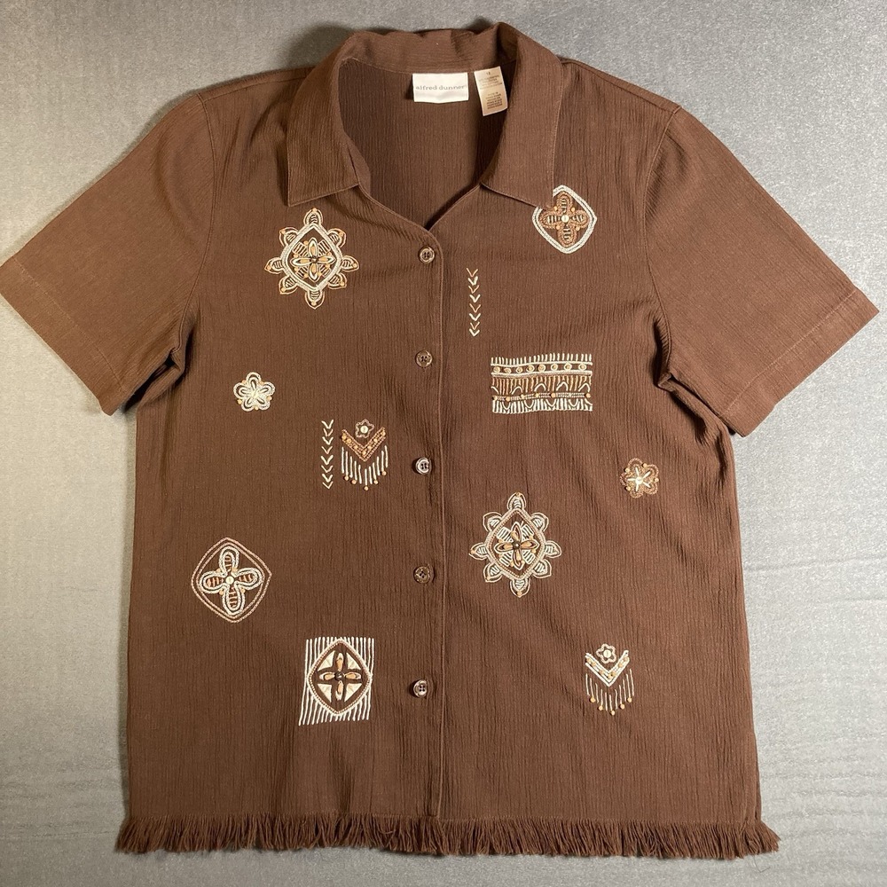 Alfred Dunner Womens Vintage 90s Brown Beaded Embroidered Fringe Blouse Size 12